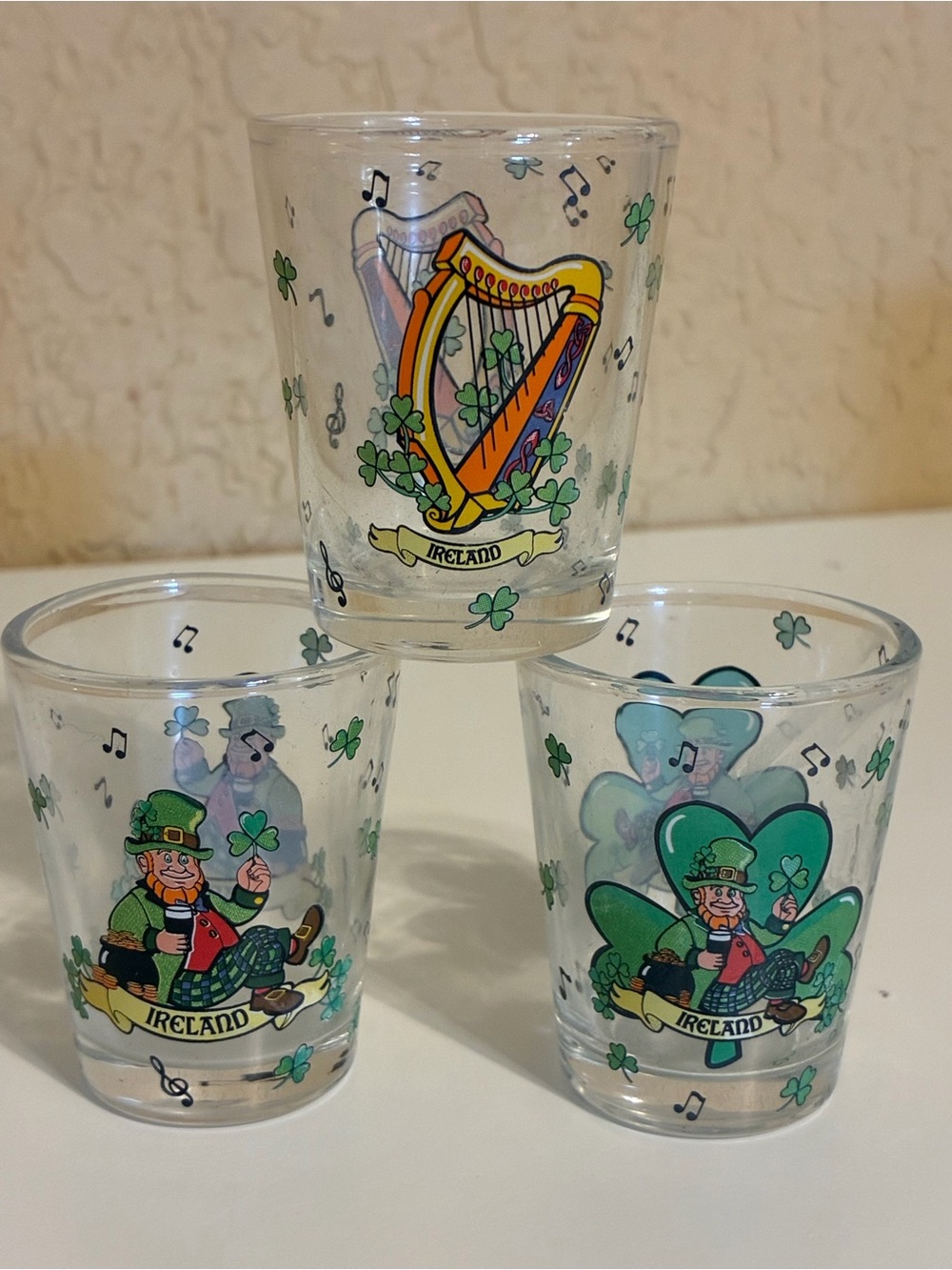 Set of 3 Ireland Shamrock & Harp Shot Glasses - no flaws
